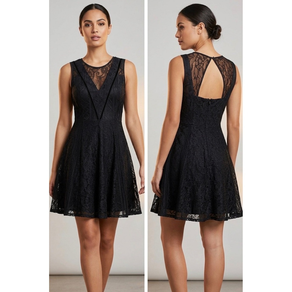 BCBGeneration Black Lace‎ Fit and Flare Cutout Back Cocktail Dress Size 0
